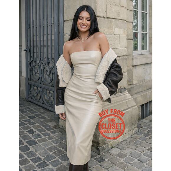 Zara Dresses & Skirts - ZARA Blogger Fave Strapless Faux Leather Midi Dress NWT Beige